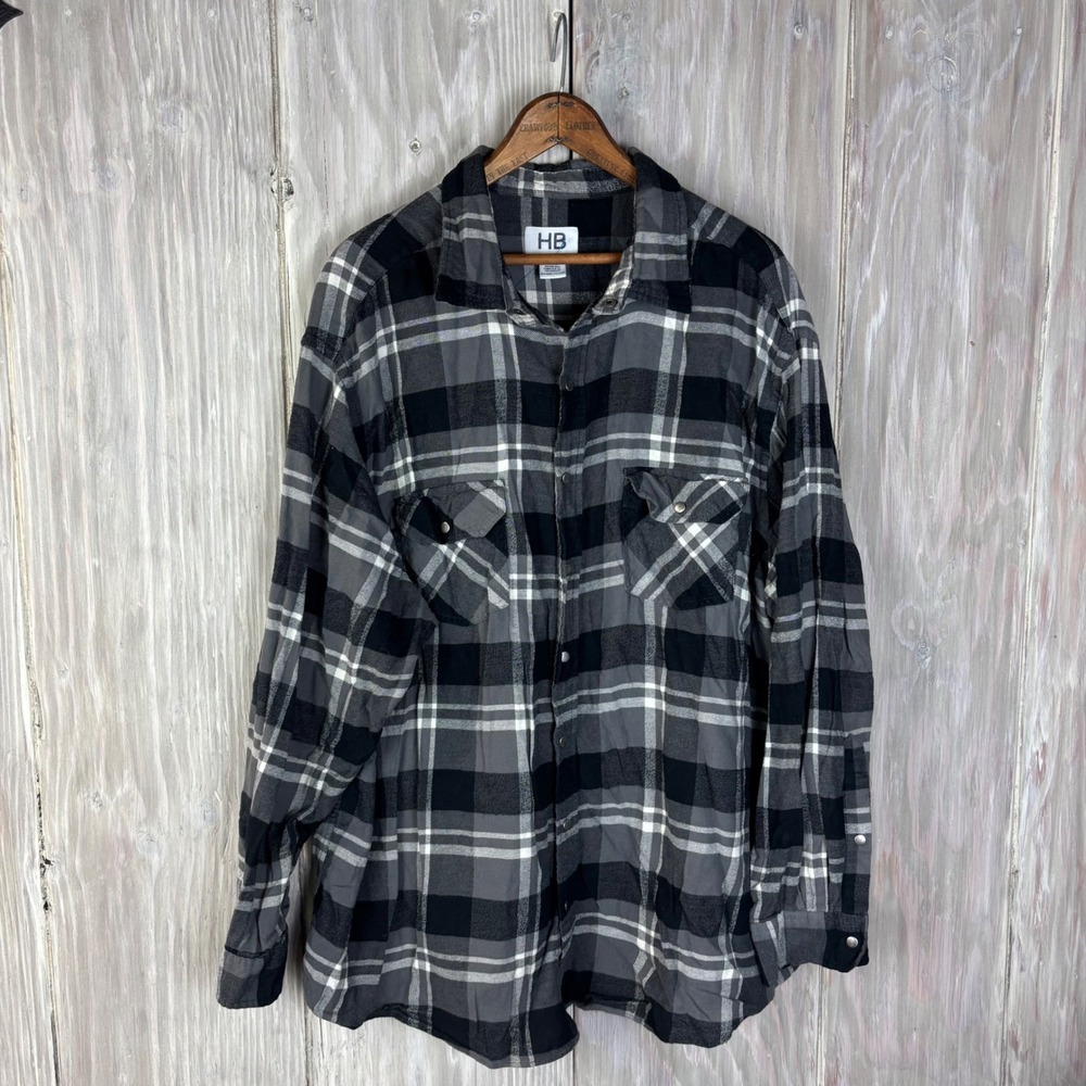 HB Plaid Flannel Long‎ Sleeve Button Up Shirt Black Gray White Men's Size XL